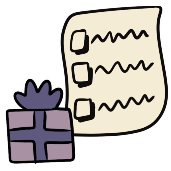  a purple present with a bow next to a tan piece of paper with a three item checklist in fake writing on it.